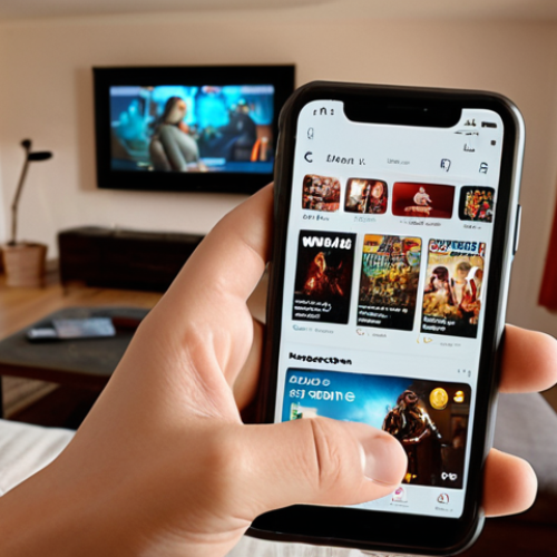 Home 23 ** A person scrolling through a movie app on their smartphone. The screen should display various movie posters with ratings and reviews. Focus on conveying ease of use and a visually appealing interface. The background could subtly hint at a cozy home environment, suggesting leisure and relaxation.
**