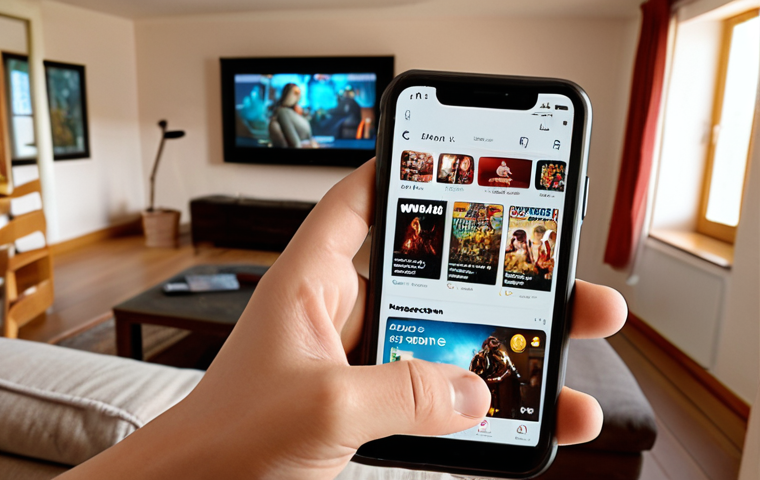 ** A person scrolling through a movie app on their smartphone. The screen should display various movie posters with ratings and reviews. Focus on conveying ease of use and a visually appealing interface. The background could subtly hint at a cozy home environment, suggesting leisure and relaxation.
**