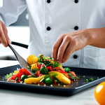 A person, fully clothed in comfortable, modest kitchen attire, meticulously preparing a complex and colorful culinary dish in a spacious, well-lit modern kitchen. The scene captures the hands expertly handling fresh ingredients, with a sense of focus, joy, and creativity. Professional photography, high resolution, soft studio lighting, sharp focus, perfect anatomy, correct proportions, natural pose, well-formed hands, proper finger count, natural body proportions, safe for work, appropriate content, fully clothed, professional, family-friendly.