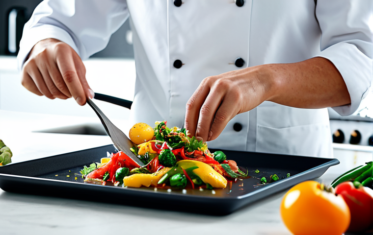 A person, fully clothed in comfortable, modest kitchen attire, meticulously preparing a complex and colorful culinary dish in a spacious, well-lit modern kitchen. The scene captures the hands expertly handling fresh ingredients, with a sense of focus, joy, and creativity. Professional photography, high resolution, soft studio lighting, sharp focus, perfect anatomy, correct proportions, natural pose, well-formed hands, proper finger count, natural body proportions, safe for work, appropriate content, fully clothed, professional, family-friendly.