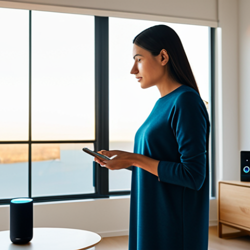 Home 20 A serene woman, fully clothed in modest, comfortable attire, standing in her bright, modern living room at dawn. She is gently speaking a command to a sleek smart speaker on a minimalist side table, activating a morning routine. Soft, warm light streams through the windows, illuminating smart home devices in the background, creating a calm and efficient atmosphere. The image focuses on the ease of voice interaction. safe for work, appropriate content, fully clothed, family-friendly, perfect anatomy, correct proportions, natural pose, well-formed hands, proper finger count, natural body proportions, high-quality professional photography.