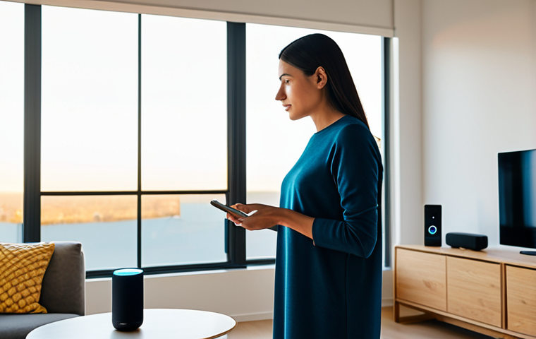 A serene woman, fully clothed in modest, comfortable attire, standing in her bright, modern living room at dawn. She is gently speaking a command to a sleek smart speaker on a minimalist side table, activating a morning routine. Soft, warm light streams through the windows, illuminating smart home devices in the background, creating a calm and efficient atmosphere. The image focuses on the ease of voice interaction. safe for work, appropriate content, fully clothed, family-friendly, perfect anatomy, correct proportions, natural pose, well-formed hands, proper finger count, natural body proportions, high-quality professional photography.