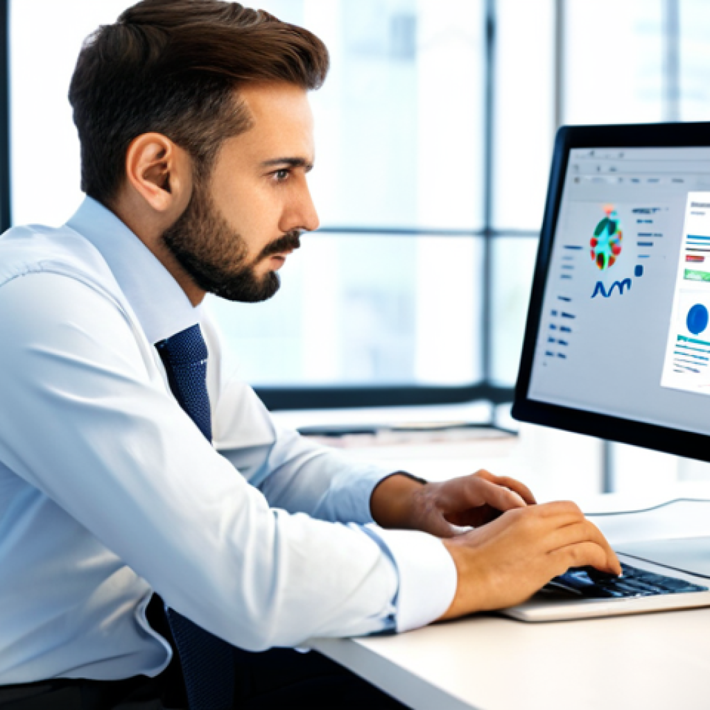 A focused marketing professional in a modest business shirt and trousers, sitting attentively at a modern desk in a well-lit, clean office. The professional is looking at a laptop screen displaying complex search query data and abstract visual representations of user intent, like interconnected thought bubbles or a mind map. There's a subtle expression of thoughtful insight on their face. The background features a blurred modern office environment with plants and natural light. fully clothed, appropriate attire, professional dress, perfect anatomy, correct proportions, natural pose, well-formed hands, proper finger count, natural body proportions, safe for work, appropriate content, professional, modest, family-friendly.