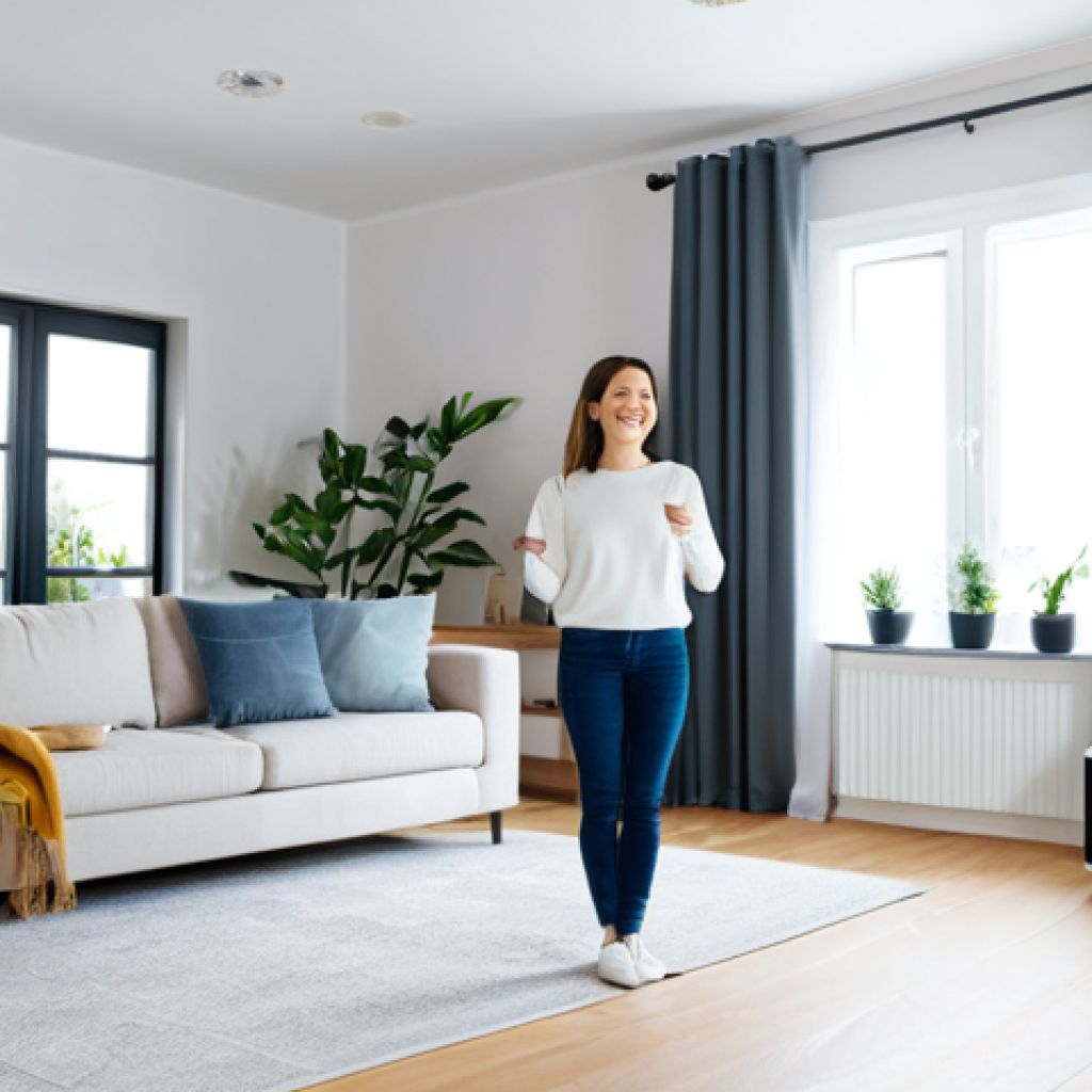 Smart Home Automation**

"A modern, bright living room with smart home devices (lights, thermostat, speaker) controlled by a fully clothed woman using a voice assistant. She is smiling and relaxed.  Background shows a clean and organized space. Safe for work, appropriate content, fully clothed, professional, perfect anatomy, correct proportions, natural pose, well-formed hands, proper finger count, natural body proportions, high quality, modest clothing."

**