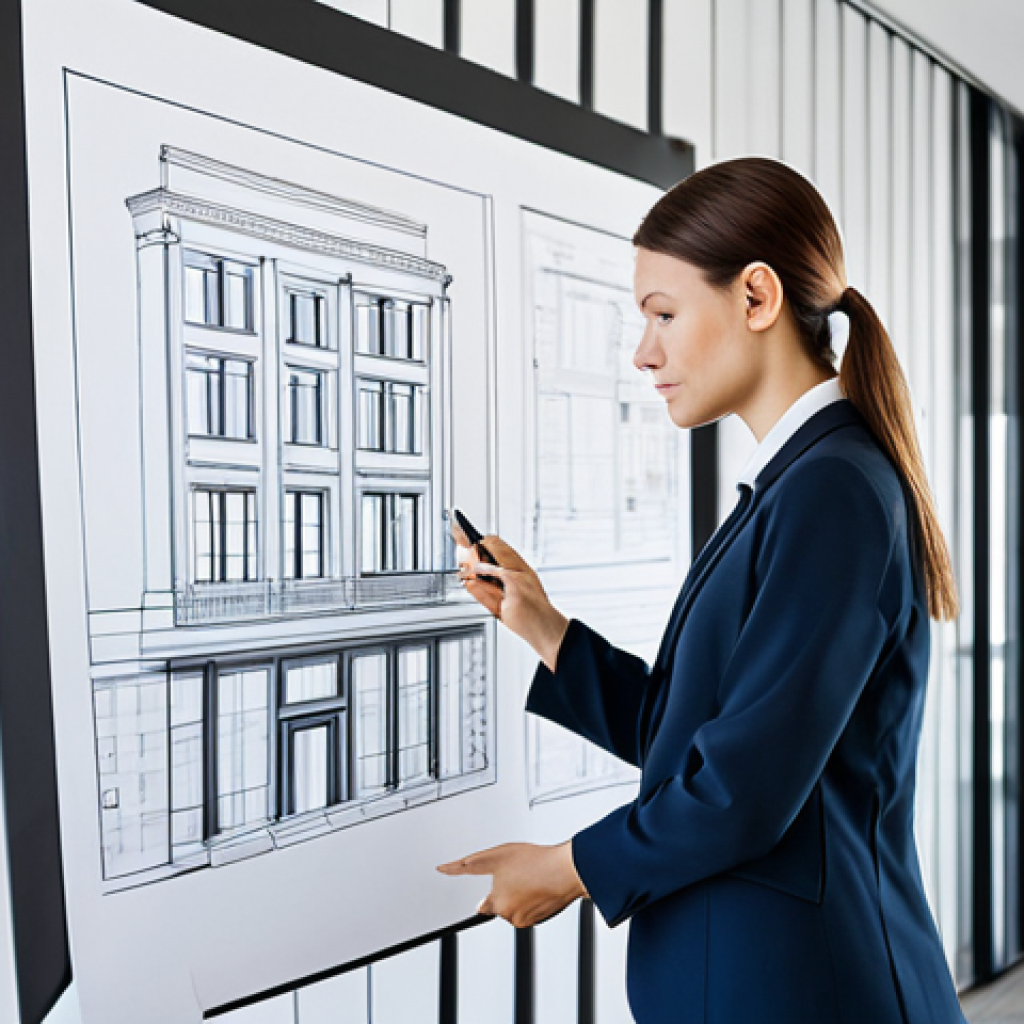 **Professional Architect:** A professional architect, fully clothed in a stylish and modest blazer and dress pants, reviewing blueprints in a bright, modern architectural office. Safe for work, appropriate content, perfect anatomy, well-formed hands, natural pose, professional.