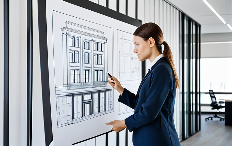 **Professional Architect:** A professional architect, fully clothed in a stylish and modest blazer and dress pants, reviewing blueprints in a bright, modern architectural office. Safe for work, appropriate content, perfect anatomy, well-formed hands, natural pose, professional.