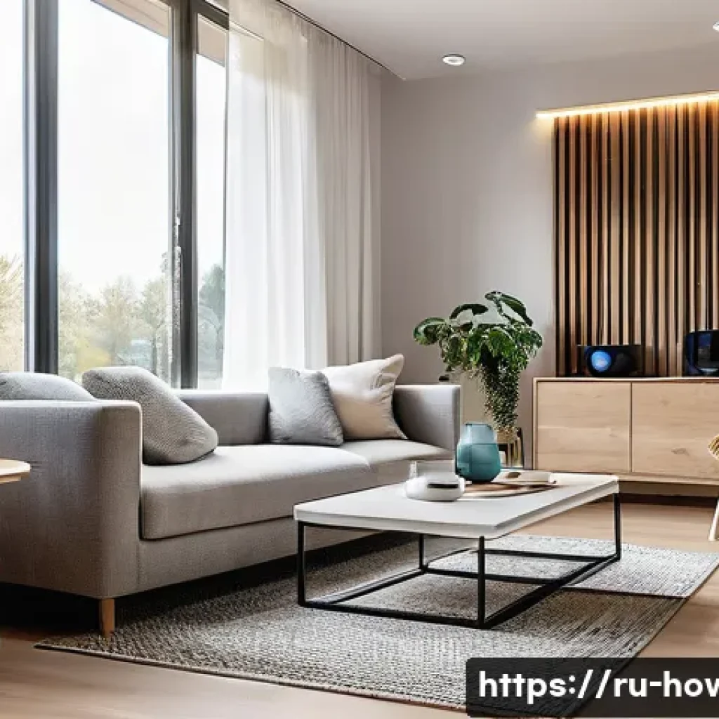 아마존 에코 활용법 - A modern Russian living room featuring an Amazon Echo smart speaker on a sleek wooden table, surroun...