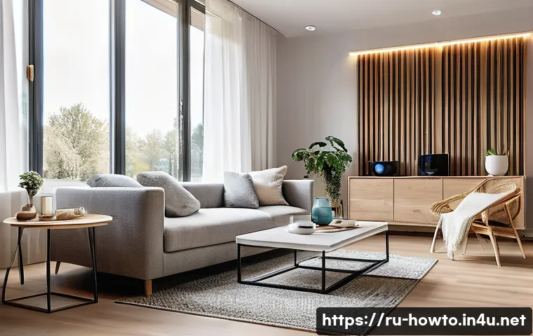 아마존 에코 활용법 - A modern Russian living room featuring an Amazon Echo smart speaker on a sleek wooden table, surroun...