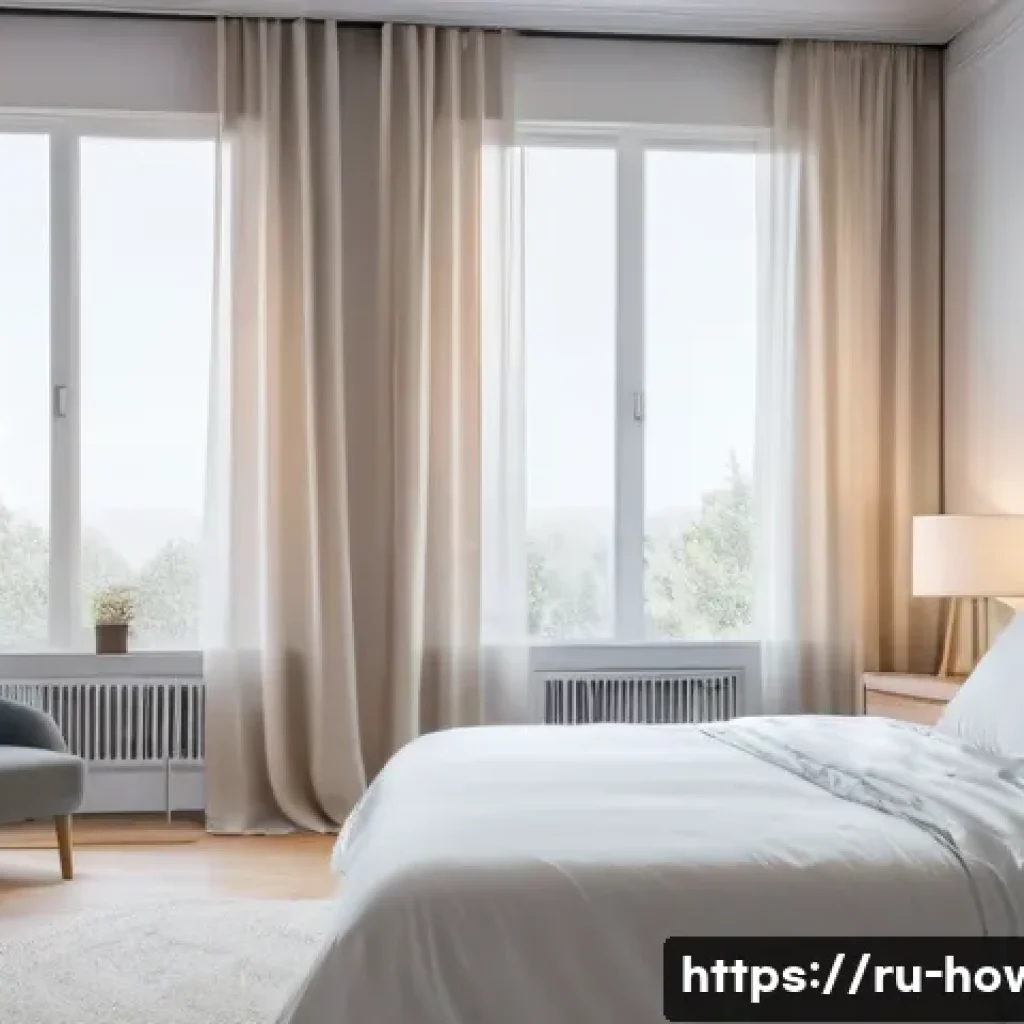 알람 앱 활용법 - A cozy modern bedroom scene at dawn with soft natural light filtering through sheer curtains, featur...