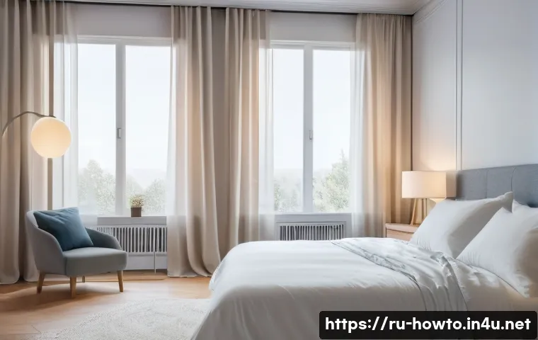 알람 앱 활용법 - A cozy modern bedroom scene at dawn with soft natural light filtering through sheer curtains, featur...
