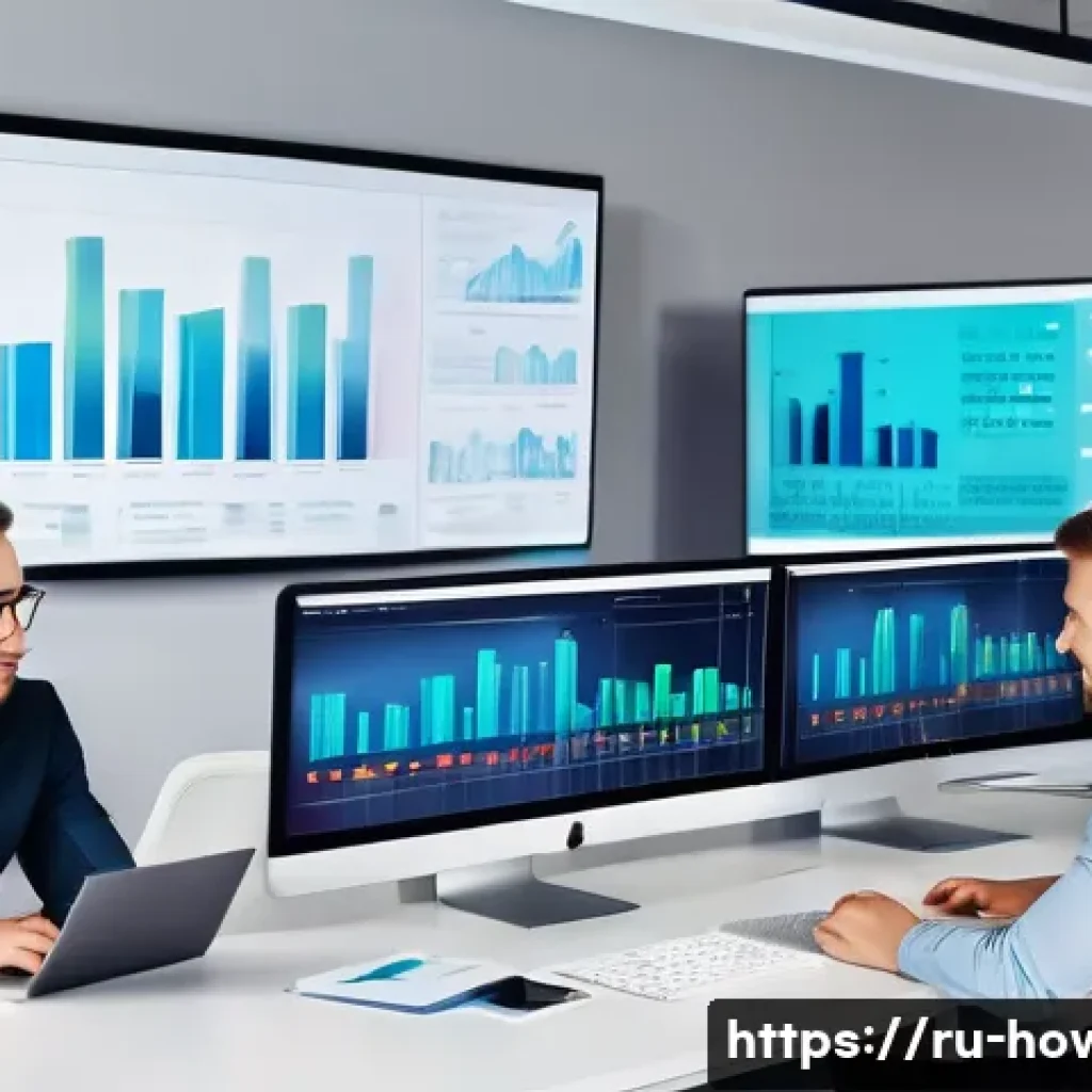 웹사이트 분석 도구 활용법 - A modern office workspace with a team of diverse digital marketing professionals analyzing website a...
