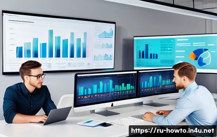 웹사이트 분석 도구 활용법 - A modern office workspace with a team of diverse digital marketing professionals analyzing website a...