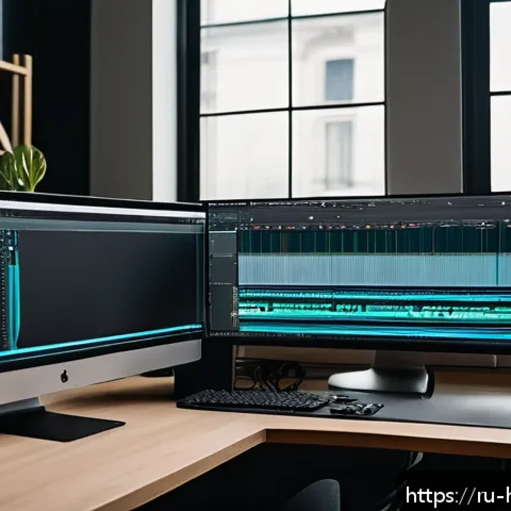영상 편집 소프트웨어 활용법 - A modern video editing workspace featuring a large widescreen monitor displaying a professional vide...