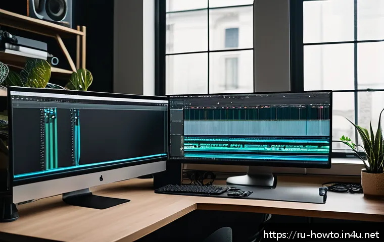 영상 편집 소프트웨어 활용법 - A modern video editing workspace featuring a large widescreen monitor displaying a professional vide...