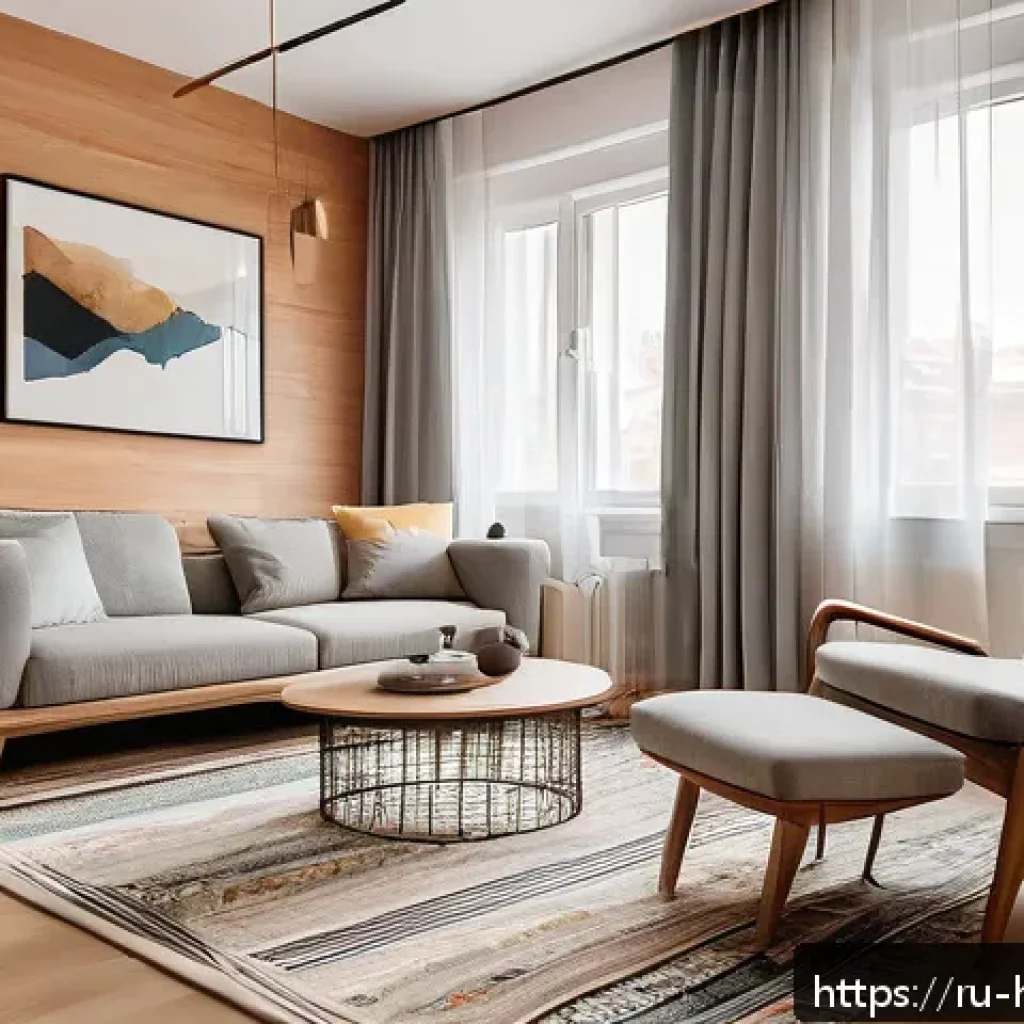 스마트 에어컨 활용법 - A modern Russian living room featuring a sleek smart air conditioner mounted on the wall above a com...