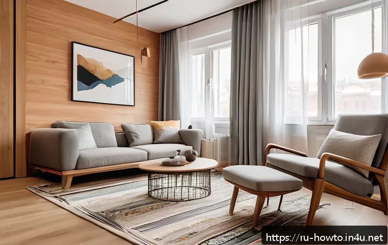 스마트 에어컨 활용법 - A modern Russian living room featuring a sleek smart air conditioner mounted on the wall above a com...
