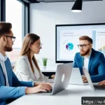 콘텐츠 마케팅 활용법 - A modern digital marketing office scene in Russia, featuring a diverse team of young professionals a...