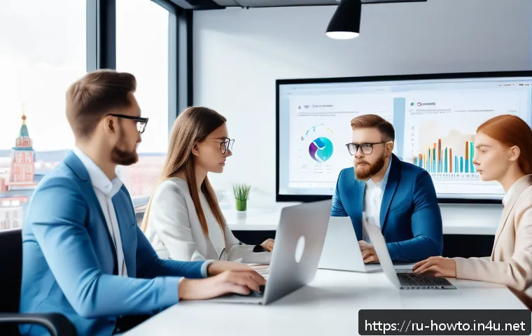 콘텐츠 마케팅 활용법 - A modern digital marketing office scene in Russia, featuring a diverse team of young professionals a...