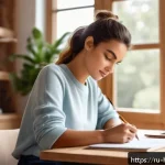 자기계발 어플 활용법 - A cozy home office setting with a young adult woman sitting at a neat wooden desk, writing down her ...