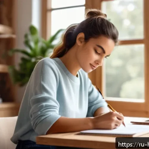 자기계발 어플 활용법 - A cozy home office setting with a young adult woman sitting at a neat wooden desk, writing down her ...