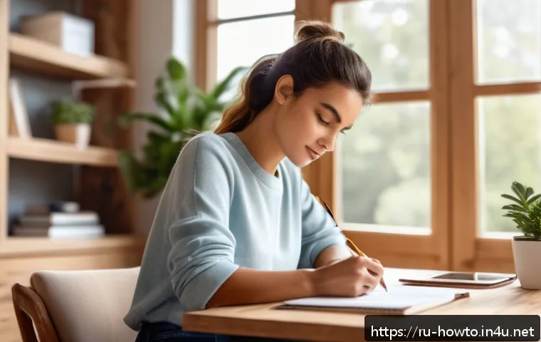 자기계발 어플 활용법 - A cozy home office setting with a young adult woman sitting at a neat wooden desk, writing down her ...