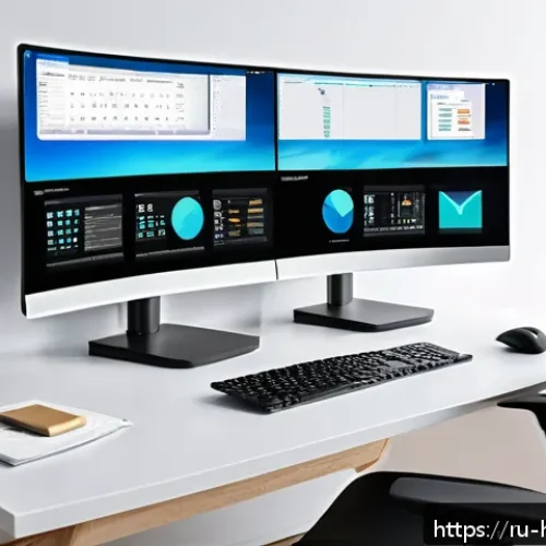 다양한 앱을 한 번에 활용하기 - A modern home office setup designed for maximum productivity, featuring multiple virtual desktops di...