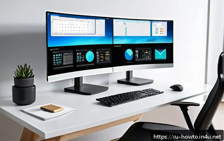 다양한 앱을 한 번에 활용하기 - A modern home office setup designed for maximum productivity, featuring multiple virtual desktops di...