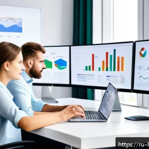 Google Search Console 활용법 - A modern office scene showing a diverse team of Russian SEO specialists analyzing Google Search Cons...