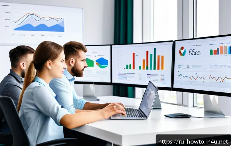 Google Search Console 활용법 - A modern office scene showing a diverse team of Russian SEO specialists analyzing Google Search Cons...