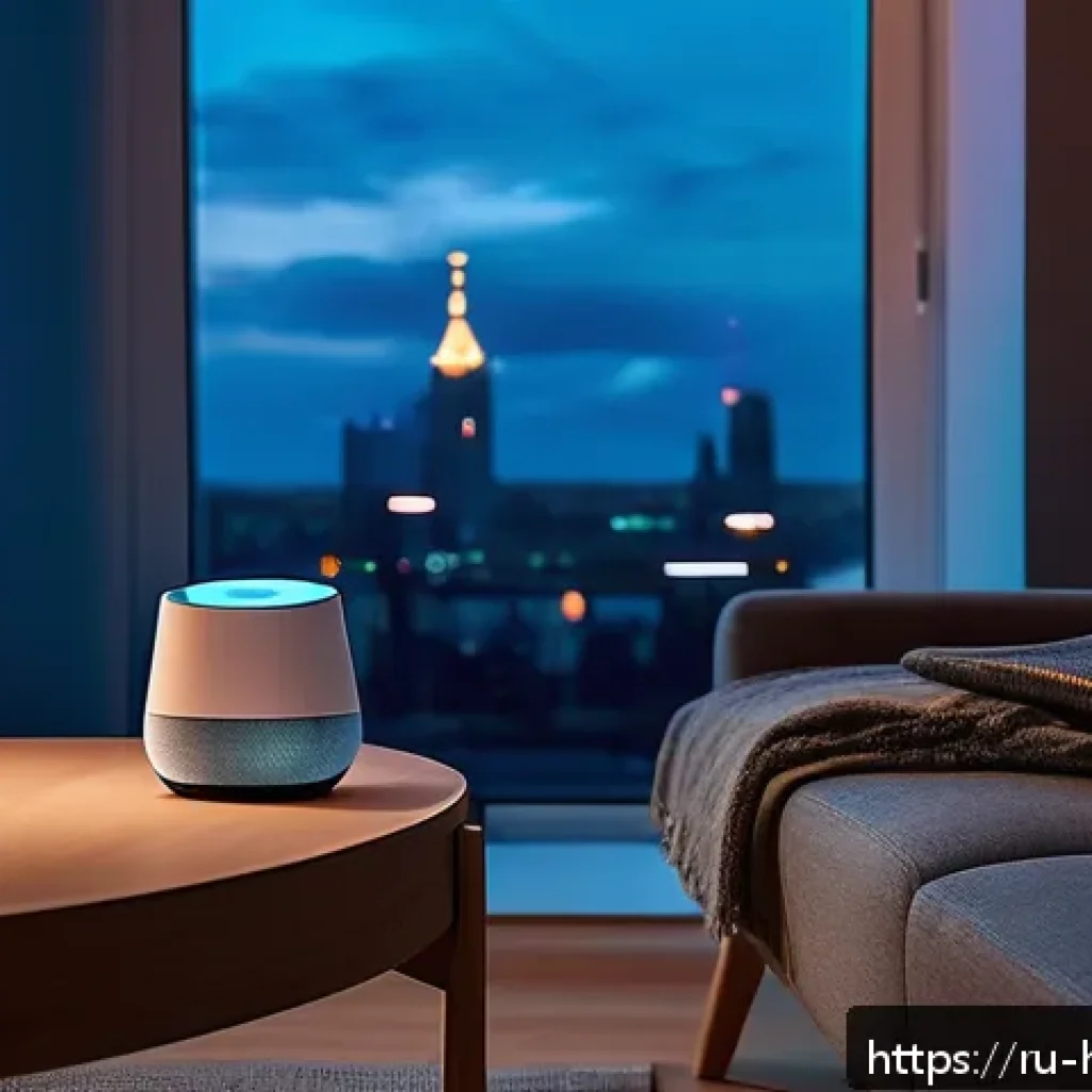 구글 홈 활용법 - A cozy modern living room scene in a Russian apartment during evening time, featuring warm ambient l...