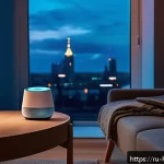 구글 홈 활용법 - A cozy modern living room scene in a Russian apartment during evening time, featuring warm ambient l...