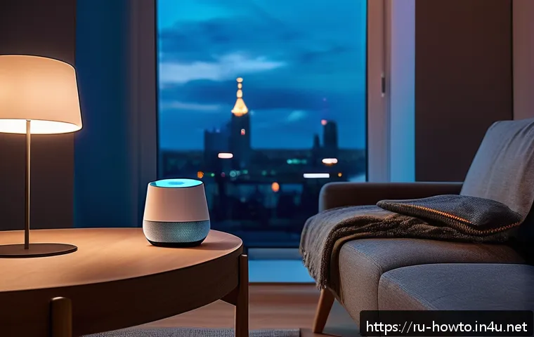 구글 홈 활용법 - A cozy modern living room scene in a Russian apartment during evening time, featuring warm ambient l...