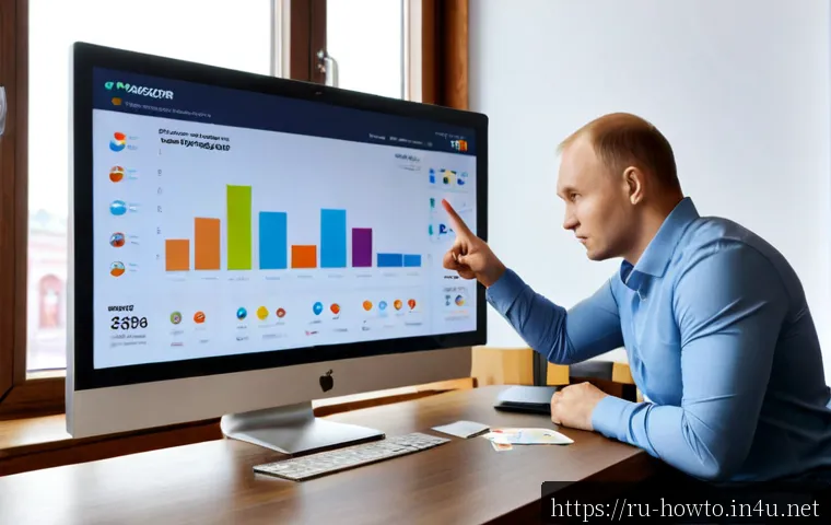 Home 17 디지털 광고 활용법 - Photorealistic Russian small-business owner reviewing a digital advertising campaign on a large desk...